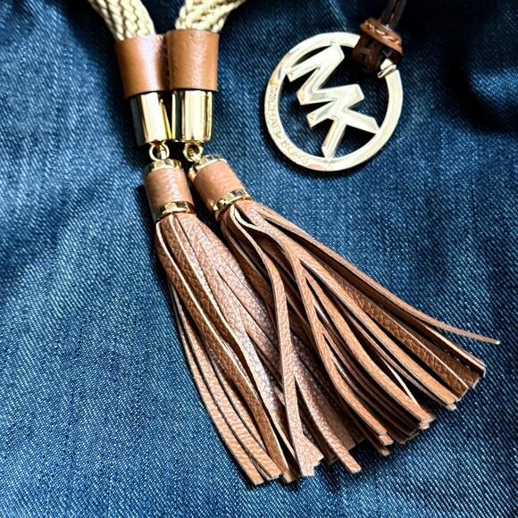 MICHAEL KORS Marina Large Drawstring Tote Bag in Navy Denim and Brown Leather - Picture 7 of 8